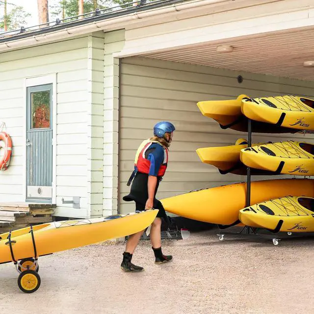 Alt view image 7 of 7 - Kayak Stand Freestanding Storage Rack for Kayak Canoe Boat Paddle Board SUP Surfboard for Indoor Outdoor Garage, Shed, Dock with Lockable Wheels Wide Adjustable