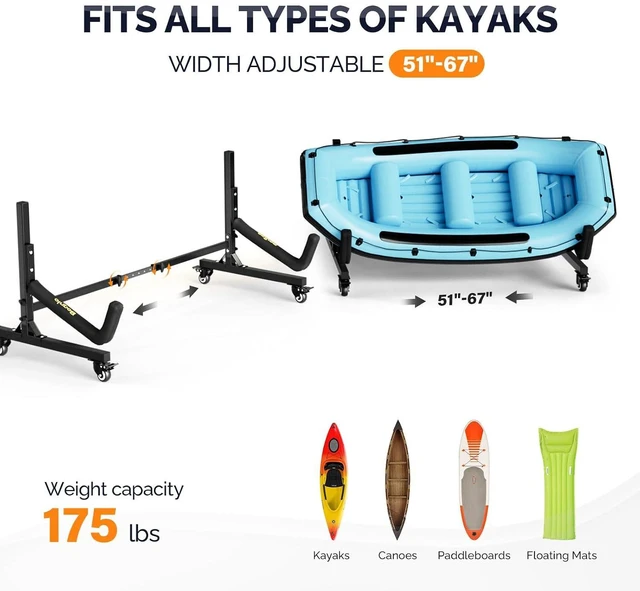Alt view image 4 of 7 - Kayak Stand Freestanding Storage Rack for Kayak Canoe Boat Paddle Board SUP Surfboard for Indoor Outdoor Garage, Shed, Dock with Lockable Wheels Wide Adjustable