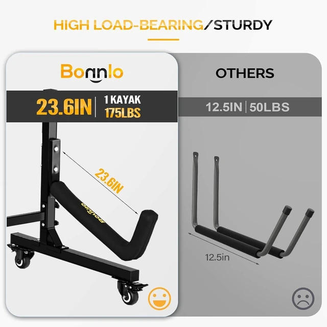 Alt view image 5 of 7 - Kayak Stand Freestanding Storage Rack for Kayak Canoe Boat Paddle Board SUP Surfboard for Indoor Outdoor Garage, Shed, Dock with Lockable Wheels Wide Adjustable