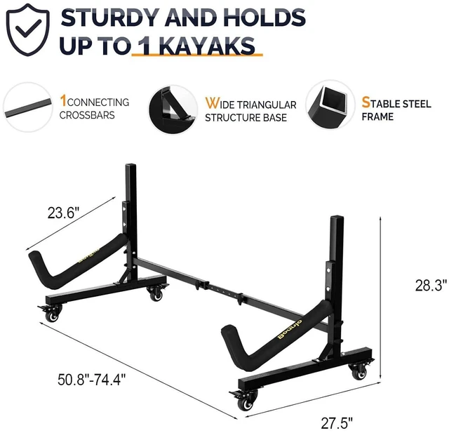Alt view image 7 of 7 - Kayak Stand Freestanding Storage Rack for Kayak Canoe Boat Paddle Board SUP Surfboard for Indoor Outdoor Garage, Shed, Dock with Lockable Wheels Wide Adjustable