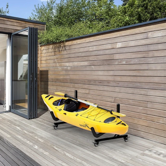 Alt view image 2 of 7 - Kayak Stand Freestanding Storage Rack for Kayak Canoe Boat Paddle Board SUP Surfboard for Indoor Outdoor Garage, Shed, Dock with Lockable Wheels Wide Adjustable