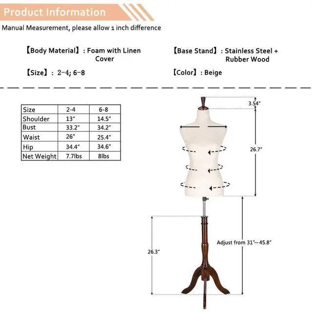 Alt view image 6 of 7 - Upgraded Female Dress Form, Mannequin Torse Body with Adjustable Rubber Wood Stand for Dress Jewelry Display (White, 2-4)