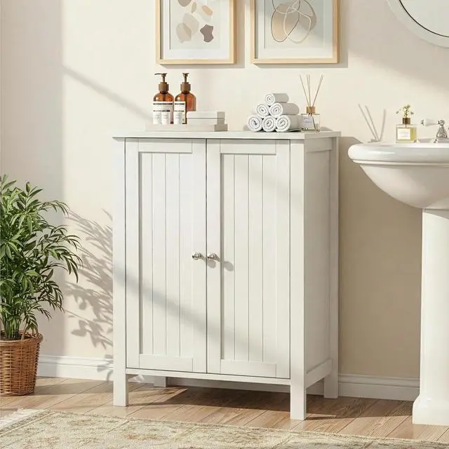 Alt view image 2 of 7 - Bathroom Cabinet Free Standing Floor Storage with Double Door Adjustable Shelf Space Saver Decorative Modern Bathroom Furniture White