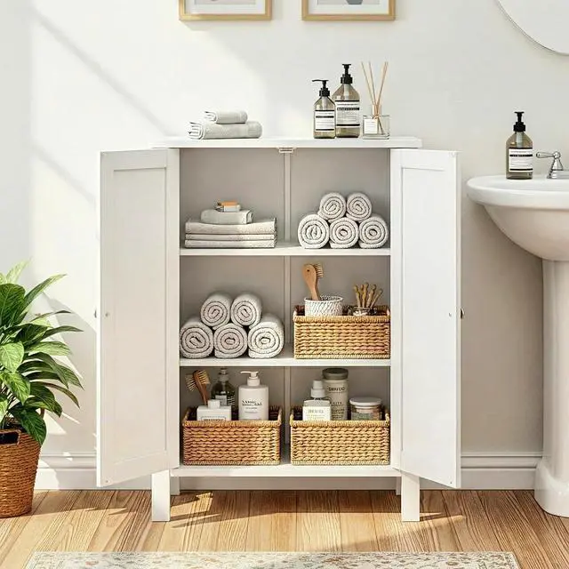 Alt view image 4 of 7 - Bathroom Cabinet Free Standing Floor Storage with Double Door Adjustable Shelf Space Saver Decorative Modern Bathroom Furniture White
