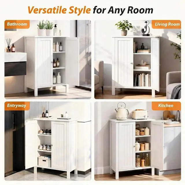 Alt view image 5 of 7 - Bathroom Cabinet Free Standing Floor Storage with Double Door Adjustable Shelf Space Saver Decorative Modern Bathroom Furniture White