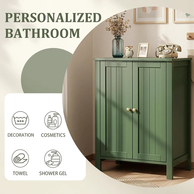 Alt view image 7 of 7 - Free Standing Bathroom Cabinet, Sage Green Accent Storage Cabinet with Doors, Small Wooden Floor Console Sideboard for Entryway, Living Room, 31.5" H