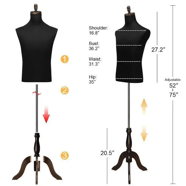 Alt view image 2 of 7 - Male Dress Form, Male Mannequin with Wooden Tripod Stand, Adjustable Height Torso Body for and Display and Sewing (Silk)