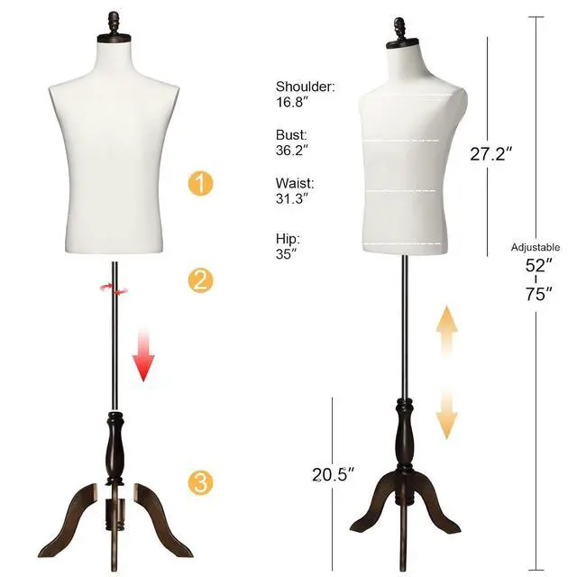 Alt view image 2 of 7 - Male Dress Form, Male Mannequin with Wooden Tripod Stand, Adjustable Height Torso Body for and Display and Sewing (Cotton)