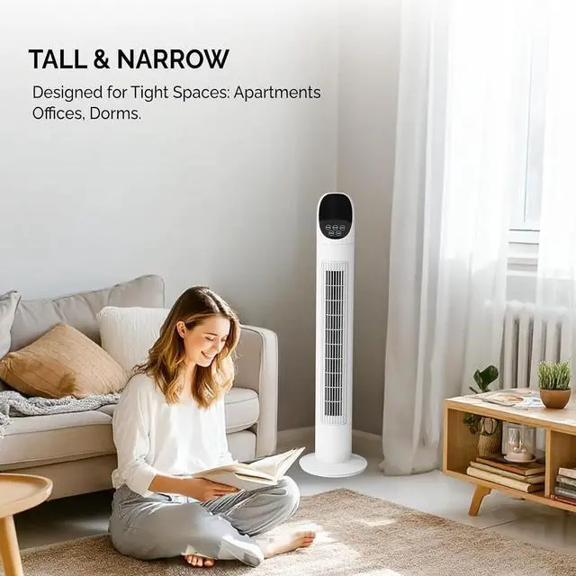 Alt view image 5 of 7 - 34" Tower Fan for Bedroom, Bladeless Floor Fan with Remote Control, 3 Modes, 3 Speeds & Digital Display, Standing Fan with Oscillating, 9H Timer, Quiet Fan for Cooling Home Office