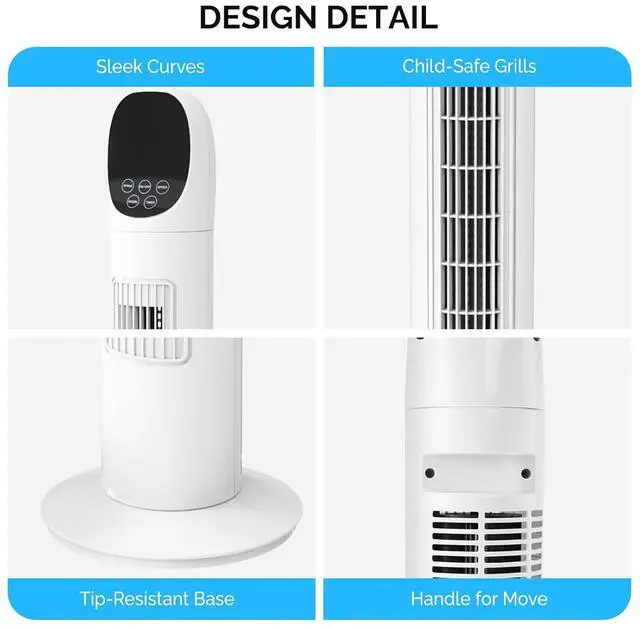 Alt view image 6 of 7 - 34" Tower Fan for Bedroom, Bladeless Floor Fan with Remote Control, 3 Modes, 3 Speeds & Digital Display, Standing Fan with Oscillating, 9H Timer, Quiet Fan for Cooling Home Office