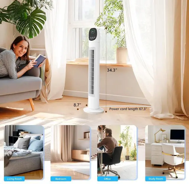 Alt view image 7 of 7 - 34" Tower Fan for Bedroom, Bladeless Floor Fan with Remote Control, 3 Modes, 3 Speeds & Digital Display, Standing Fan with Oscillating, 9H Timer, Quiet Fan for Cooling Home Office