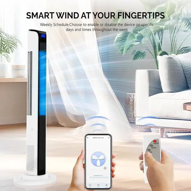 Alt view image 2 of 7 - 42" Tower Fan for Bedroom, Smart Floor Fan with APP & Remote Control, 3 Modes, 3 Speeds, Standing Fan with Oscillating, 12H Timer, Quiet Fan for Cooling Home Office, 2-Pack