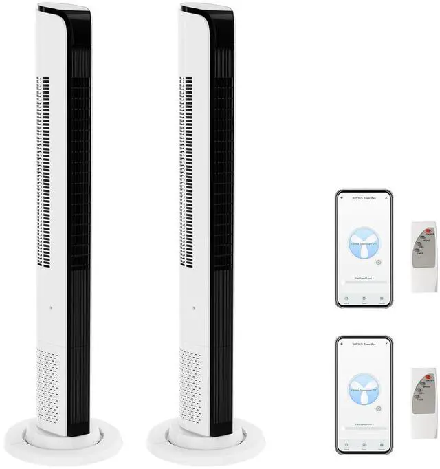 Main image of 42" Tower Fan for Bedroom, Smart Floor Fan with APP & Remote Control, 3 Modes, 3 Speeds, Standing Fan with Oscillating, 12H Timer, Quiet Fan for Cooling Home Office, 2-Pack