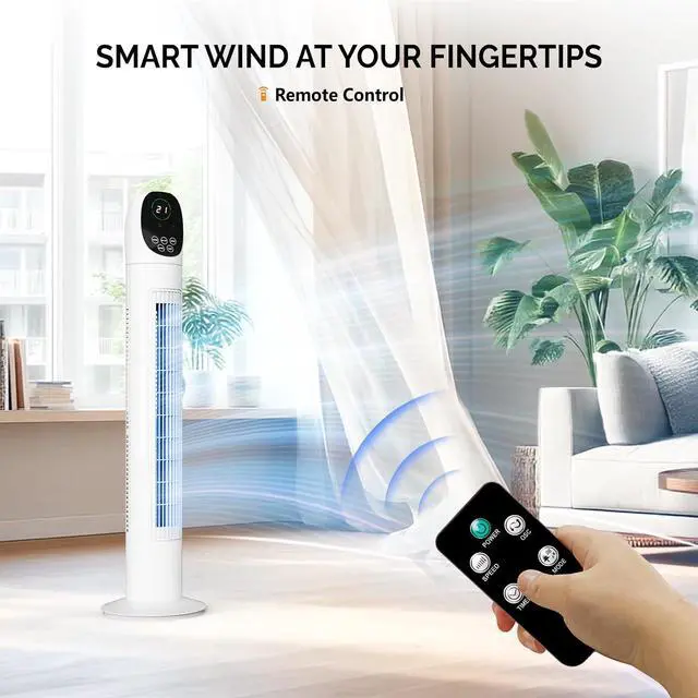 Alt view image 2 of 7 - 34" Tower Fan for Bedroom, Bladeless Floor Fan with Remote Control, 3 Modes, 3 Speeds & Digital Display, Standing Fan with Oscillating, 9H Timer, Quiet Fan for Cooling Home Office, 2-Pack