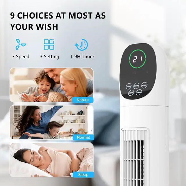 Alt view image 3 of 7 - 34" Tower Fan for Bedroom, Bladeless Floor Fan with Remote Control, 3 Modes, 3 Speeds & Digital Display, Standing Fan with Oscillating, 9H Timer, Quiet Fan for Cooling Home Office, 2-Pack
