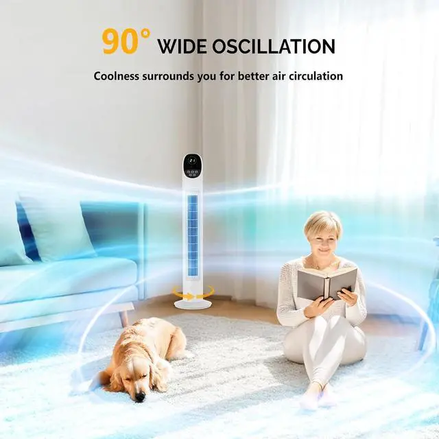 Alt view image 5 of 7 - 34" Tower Fan for Bedroom, Bladeless Floor Fan with Remote Control, 3 Modes, 3 Speeds & Digital Display, Standing Fan with Oscillating, 9H Timer, Quiet Fan for Cooling Home Office, 2-Pack