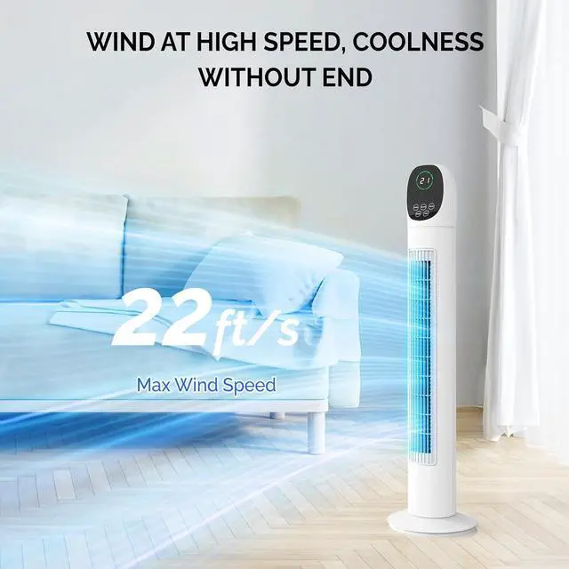 Alt view image 4 of 7 - 34" Tower Fan for Bedroom, Bladeless Floor Fan with Remote Control, 3 Modes, 3 Speeds & Digital Display, Standing Fan with Oscillating, 9H Timer, Quiet Fan for Cooling Home Office, 2-Pack