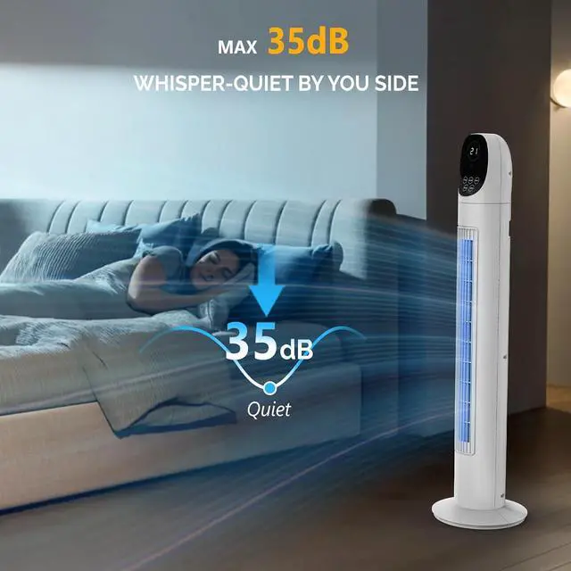 Alt view image 6 of 7 - 34" Tower Fan for Bedroom, Bladeless Floor Fan with Remote Control, 3 Modes, 3 Speeds & Digital Display, Standing Fan with Oscillating, 9H Timer, Quiet Fan for Cooling Home Office, 2-Pack