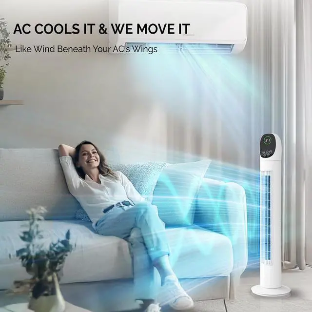 Alt view image 7 of 7 - 34" Tower Fan for Bedroom, Bladeless Floor Fan with Remote Control, 3 Modes, 3 Speeds & Digital Display, Standing Fan with Oscillating, 9H Timer, Quiet Fan for Cooling Home Office, 2-Pack