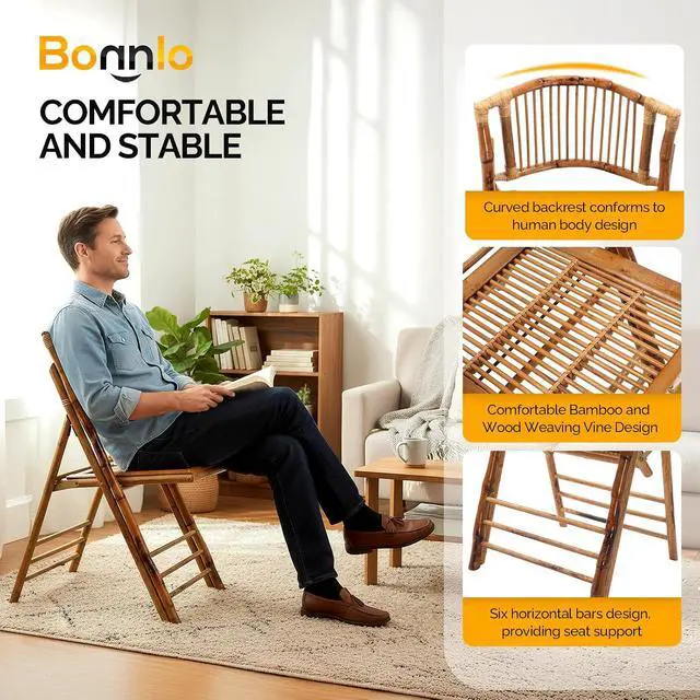 Alt view image 4 of 7 - Bamboo Folding Chairs 1/2/4 Pack Foldable Dining Wood Chairs for Outdoor Indoor Garden Patio Lawn Porch Wedding Party Event