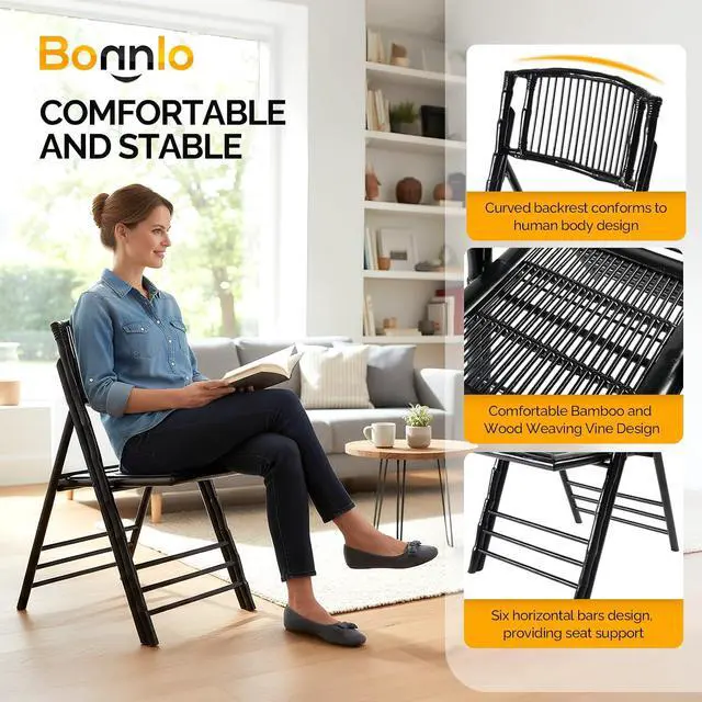 Alt view image 5 of 7 - Bamboo Folding Chairs 1/2/4 Pack Foldable Dining Wood Chairs for Outdoor Indoor Garden Patio Lawn Porch Wedding Party Event,Black