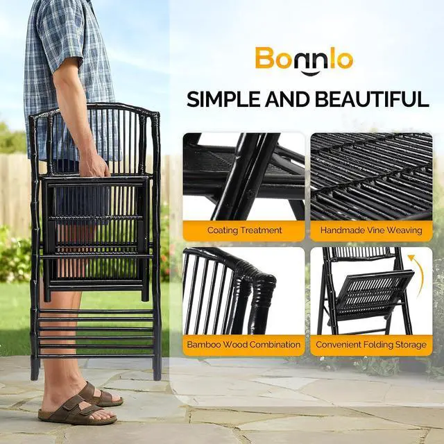 Alt view image 6 of 7 - Bamboo Folding Chairs 1/2/4 Pack Foldable Dining Wood Chairs for Outdoor Indoor Garden Patio Lawn Porch Wedding Party Event,Black