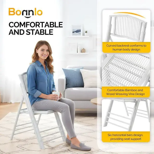 Alt view image 4 of 7 - Bamboo Folding Chairs 1/2/4 Pack Foldable Dining Wood Chairs for Outdoor Indoor Garden Patio Lawn Porch Wedding Party Event,White