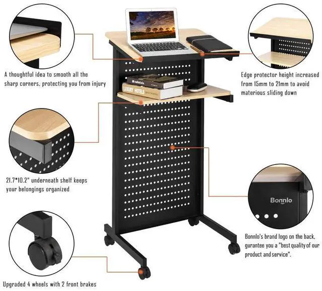 Alt view image 2 of 7 - Height Adjustable Portable Podium Stand, Wheeled Lectern with Storage Shelf, Rolling Pulpits with Edge Stopper for Church, Ceremony, Classroom Lecture Speech Teach Platform (Yellow & Black)