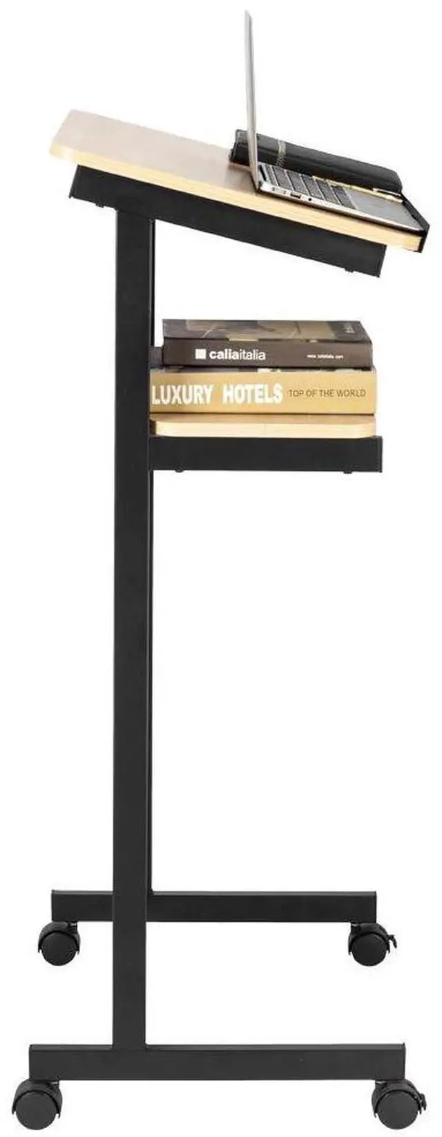 Alt view image 5 of 7 - Height Adjustable Portable Podium Stand, Wheeled Lectern with Storage Shelf, Rolling Pulpits with Edge Stopper for Church, Ceremony, Classroom Lecture Speech Teach Platform (Yellow & Black)