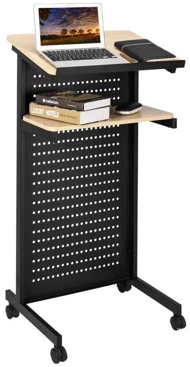 Alt view image 4 of 7 - Height Adjustable Portable Podium Stand, Wheeled Lectern with Storage Shelf, Rolling Pulpits with Edge Stopper for Church, Ceremony, Classroom Lecture Speech Teach Platform (Yellow & Black)