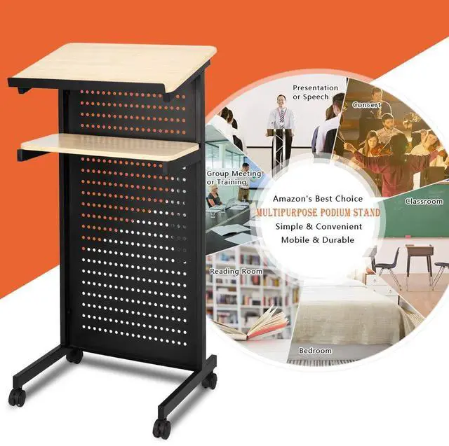 Alt view image 6 of 7 - Height Adjustable Portable Podium Stand, Wheeled Lectern with Storage Shelf, Rolling Pulpits with Edge Stopper for Church, Ceremony, Classroom Lecture Speech Teach Platform (Yellow & Black)