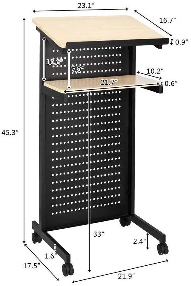 Alt view image 3 of 7 - Height Adjustable Portable Podium Stand, Wheeled Lectern with Storage Shelf, Rolling Pulpits with Edge Stopper for Church, Ceremony, Classroom Lecture Speech Teach Platform (Yellow & Black)