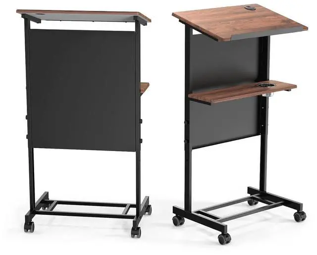 Main image of Portable Podium Stand, 36-44" Height Adjustable Wheeled Lectern with Storage Shelf, Rolling Pulpits with Edge Stopper for Church, Ceremony, Classroom Lecture Speech Teach (Brown & Black)