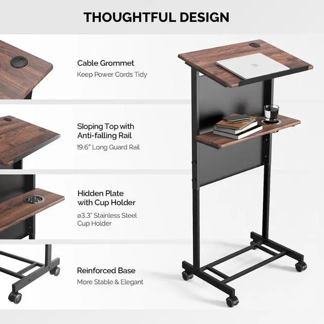 Alt view image 2 of 7 - Portable Podium Stand, 36-44" Height Adjustable Wheeled Lectern with Storage Shelf, Rolling Pulpits with Edge Stopper for Church, Ceremony, Classroom Lecture Speech Teach (Brown & Black)