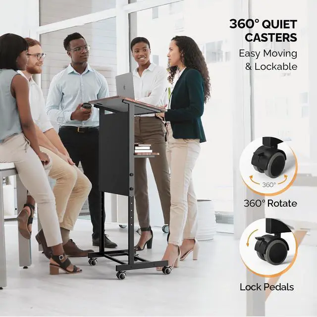 Alt view image 3 of 7 - Portable Podium Stand, 36-44" Height Adjustable Wheeled Lectern with Storage Shelf, Rolling Pulpits with Edge Stopper for Church, Ceremony, Classroom Lecture Speech Teach (Brown & Black)