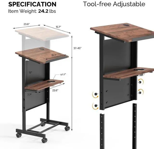Alt view image 5 of 7 - Portable Podium Stand, 36-44" Height Adjustable Wheeled Lectern with Storage Shelf, Rolling Pulpits with Edge Stopper for Church, Ceremony, Classroom Lecture Speech Teach (Brown & Black)