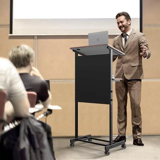 Alt view image 6 of 7 - Portable Podium Stand, 36-44" Height Adjustable Wheeled Lectern with Storage Shelf, Rolling Pulpits with Edge Stopper for Church, Ceremony, Classroom Lecture Speech Teach (Brown & Black)