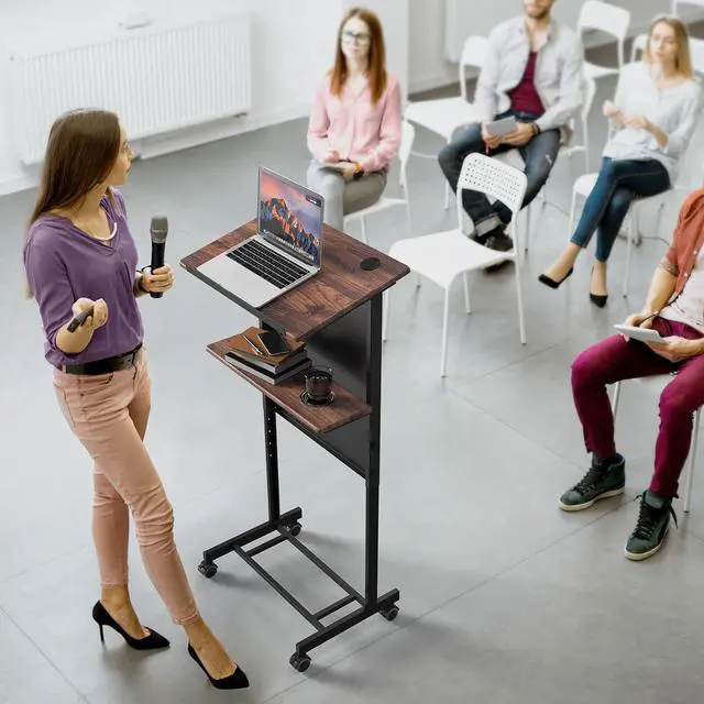Alt view image 7 of 7 - Portable Podium Stand, 36-44" Height Adjustable Wheeled Lectern with Storage Shelf, Rolling Pulpits with Edge Stopper for Church, Ceremony, Classroom Lecture Speech Teach (Brown & Black)