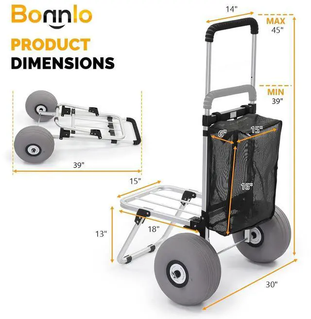 Alt view image 2 of 7 - Beach Cart with 11 Balloon Wheels, 220 LBS Heavy Duty Beach Dolly with Big Wheels for Sand, Foldable Utility Sand Wagon with Adjustable Handle & Mesh Bag for Camping & Fishing