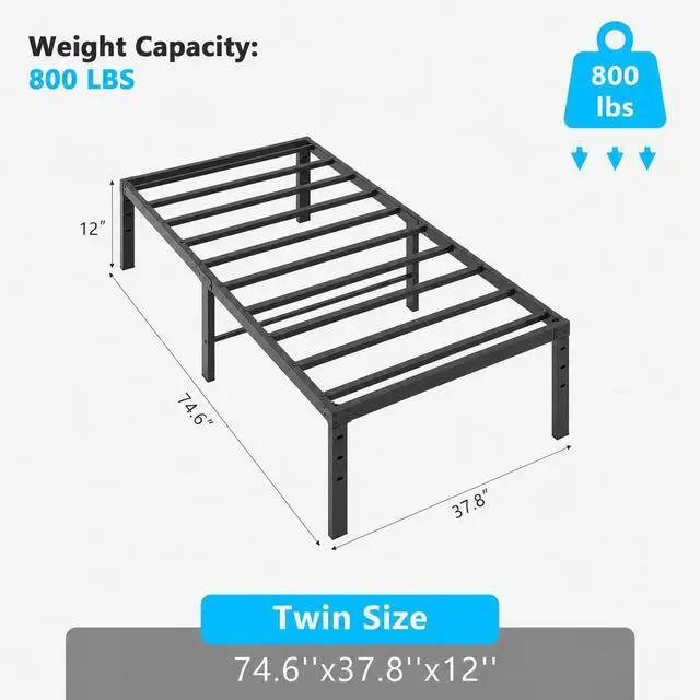 Alt view image 2 of 7 - 12 Inch Metal Platform Twin Bed Frame, Mattress Foundation Replacement,Heavy Duty Steel Slat Support,No Box Spring Needed,Black