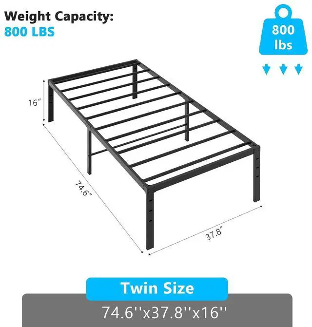 Alt view image 3 of 7 - 16 Inch Metal Platform Twin Bed Frame, Mattress Foundation Replacement,Heavy Duty Steel Slat Support,No Box Spring Needed,Black