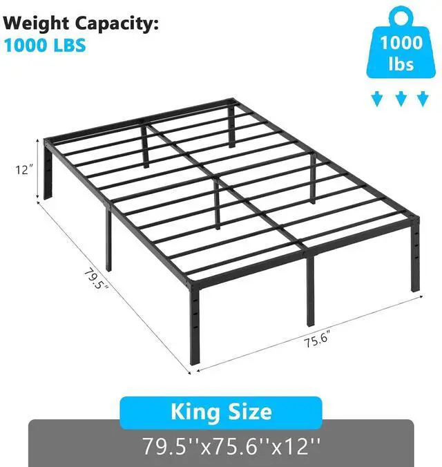 Alt view image 3 of 7 - King Size Bed Frame 12 Inch Platform Bed Metal Mattress Foundation,Heavy Duty Steel Slat Support,No Box Spring Needed,Black