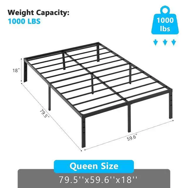 Alt view image 3 of 7 - 18 Inch Metal Platform Queen Bed Frame, Mattress Foundation Bed Base,Heavy Duty Steel Slat Support,No Box Spring Needed,Black