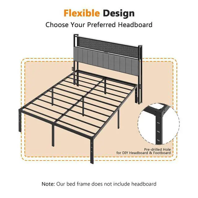 Alt view image 6 of 7 - 18 Inch Metal Platform Queen Bed Frame, Mattress Foundation Bed Base,Heavy Duty Steel Slat Support,No Box Spring Needed,Black