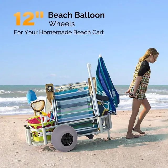 Alt view image 2 of 7 - 12" Balloon Wheels Beach Cart Tires Replacement Big Sand Wheels for Beach Buggy, Kayak Trolley, Canoe Dolly, Rolling Walker, Garden Cart, Wheelchair, Sand Wagon w/Free Air Pump, 2-Pack