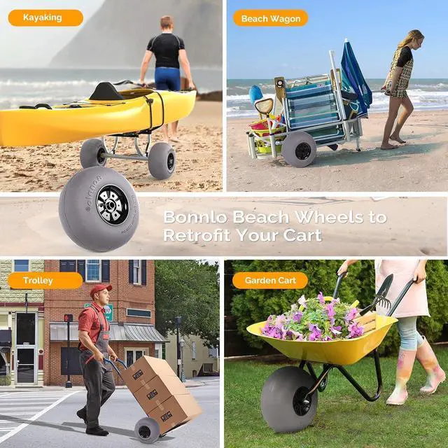 Alt view image 4 of 7 - 12" Balloon Wheels Beach Cart Tires Replacement Big Sand Wheels for Beach Buggy, Kayak Trolley, Canoe Dolly, Rolling Walker, Garden Cart, Wheelchair, Sand Wagon w/Free Air Pump, 2-Pack