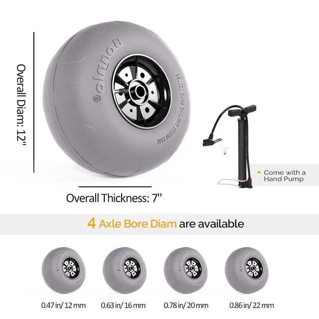 Alt view image 7 of 7 - 12" Balloon Wheels Beach Cart Tires Replacement Big Sand Wheels for Beach Buggy, Kayak Trolley, Canoe Dolly, Rolling Walker, Garden Cart, Wheelchair, Sand Wagon w/Free Air Pump, 2-Pack