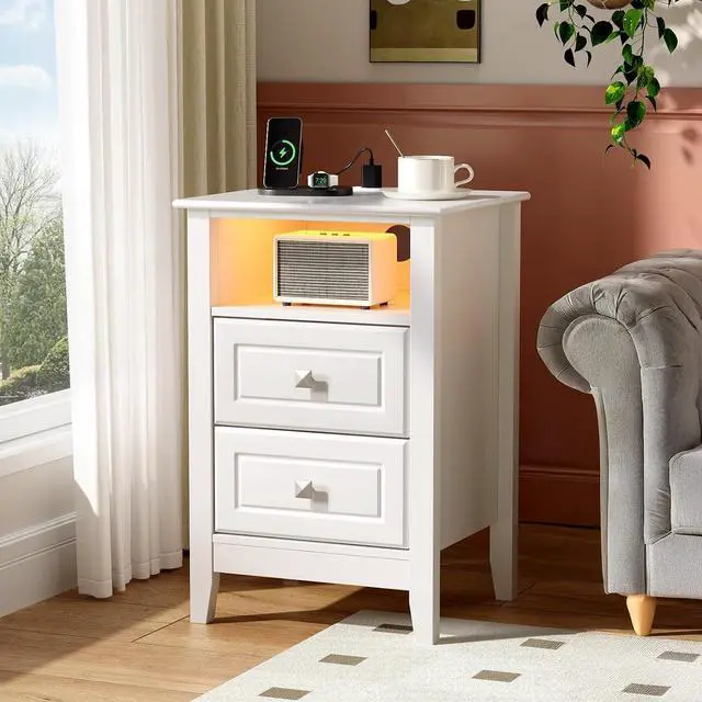 Alt view image 7 of 7 - White Night Stand with Charging Station, Led Nightstand White Wood Nightstand with Drawers and Led Lights, Wooden Nightstand for Bedroom, 15.75" W*13.78" D*23.62" H