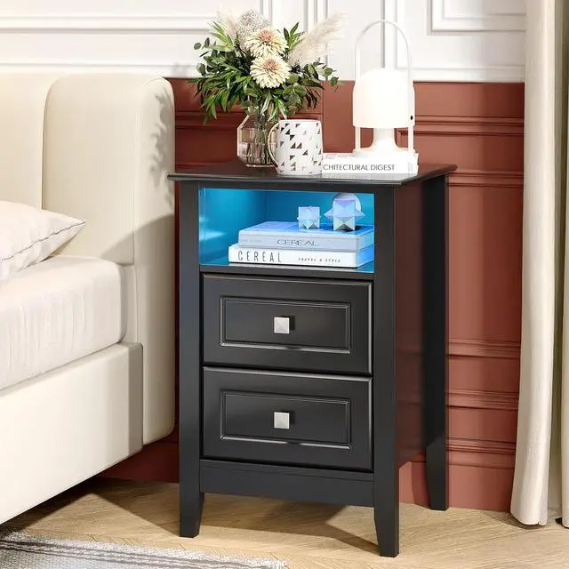 Alt view image 6 of 7 - Led Nightstand with Charging Station, Black Nightstand with Drawers, Night Stand Black Bedside Table with Charging Station and Led Lights, Smart Night Stand for Bedroom, 15.75"W*13.78"D*23.62"H