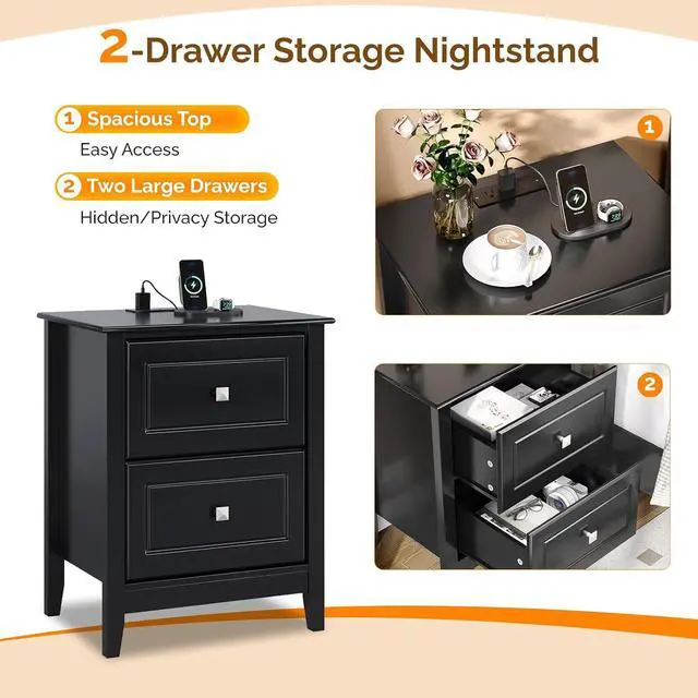 Alt view image 7 of 7 - Black Nightstand with Charging Station Night Stand Black Bedside Table, Nightstand with Drawers, Wooden Night Stand Bedroom, 18.9" W*13.78" D*23.62" H